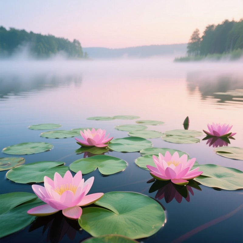 A Tranquil Lakeside At Dawn Where Floating Lily Pads Are Stylized Pop‑Art Lilies In Pastel Pinks
