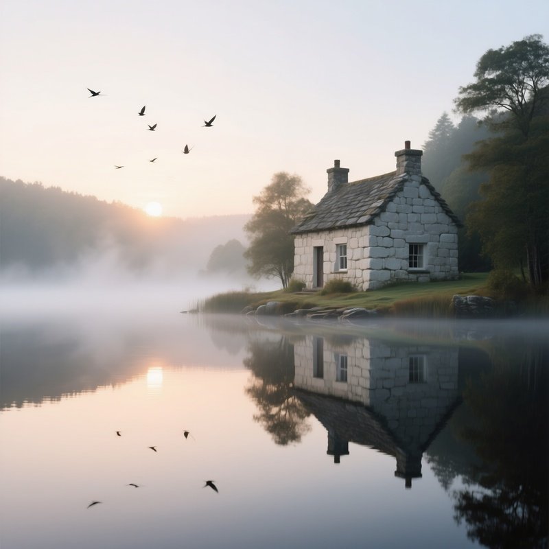 A Tranquil Lakeside Cottage Of Pale Limestone Slabs Reflects The Mirror‑Still Water At Sunrise,