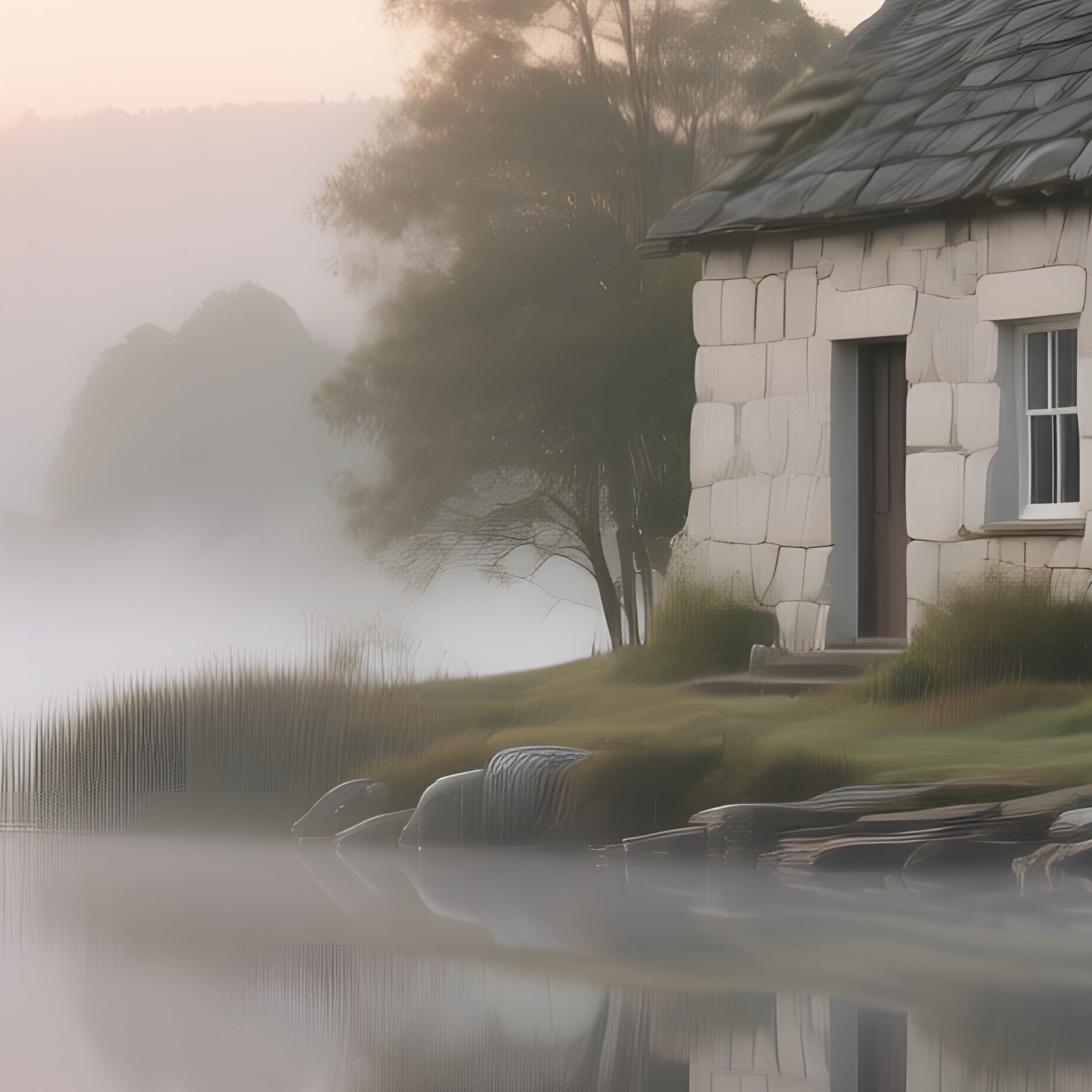 A Tranquil Lakeside Cottage Of Pale Limestone Slabs Reflects The Mirror‑Still Water At Sunrise, - Full Resolution Quality Preview
