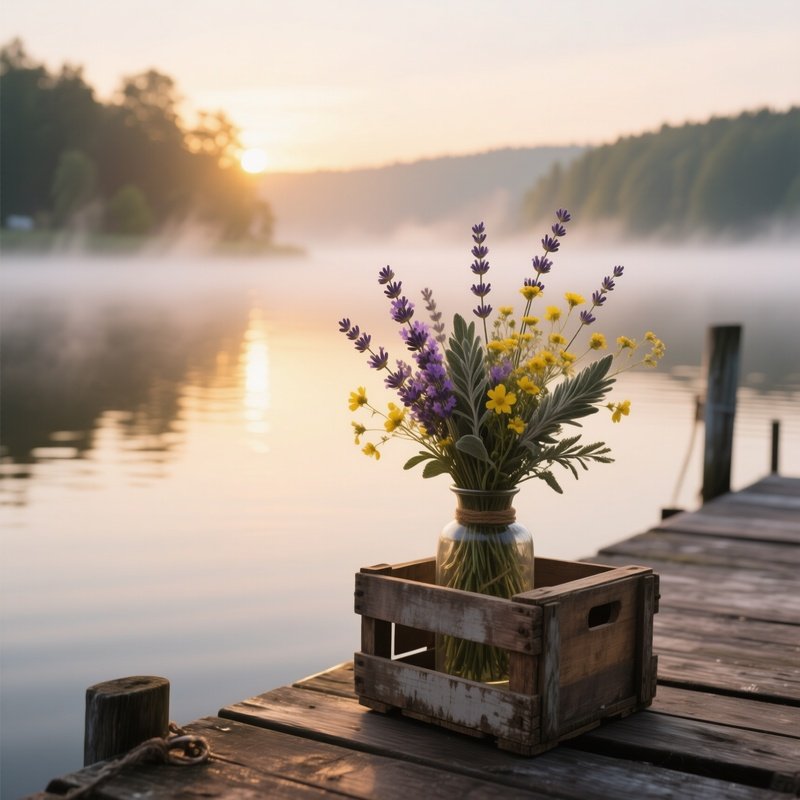 A Tranquil Lakeside Dock At Sunrise, Mist Rising From The Water, A Weathered Wooden Crate Used As A