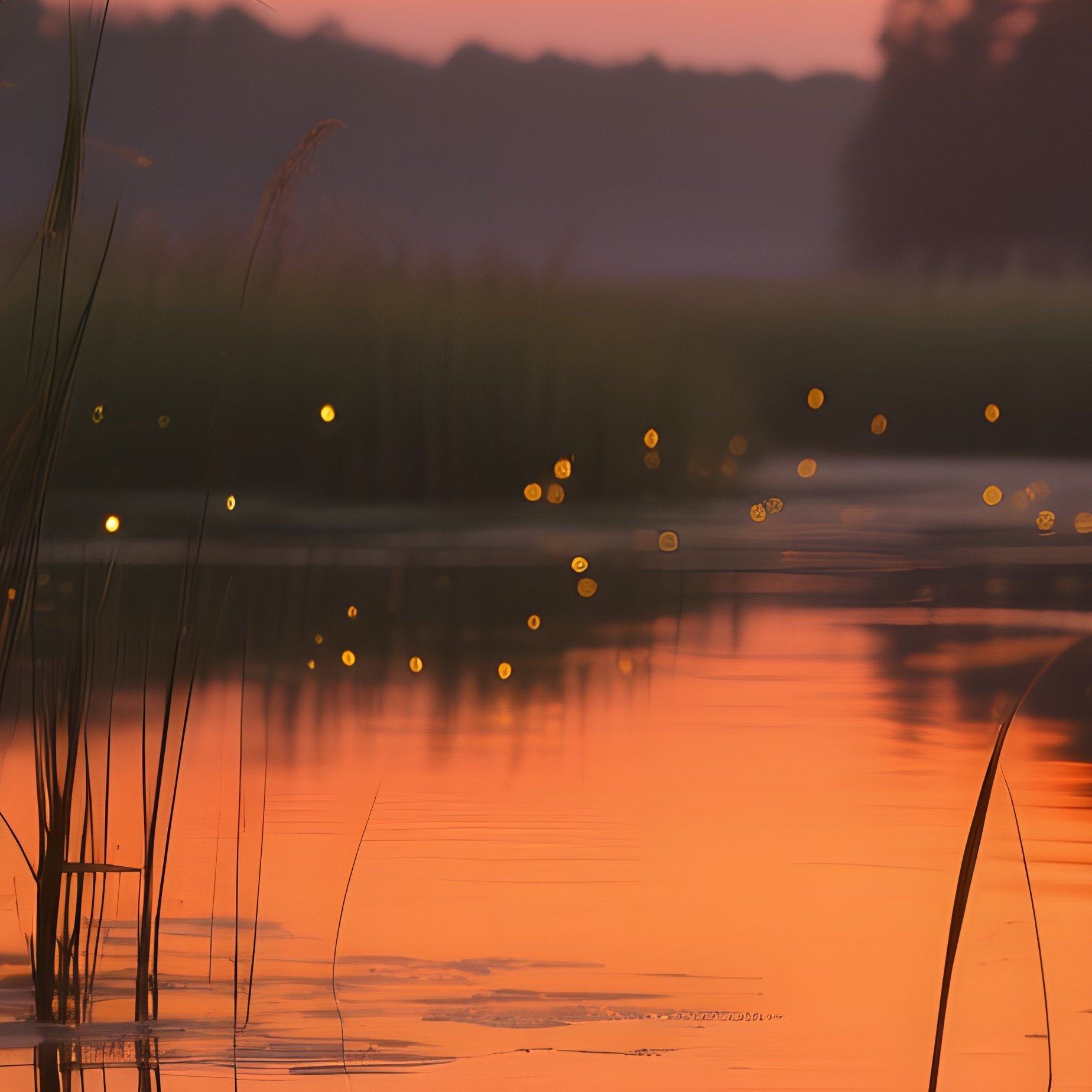 A Tranquil Marsh At Dusk In Late Summer, Water Reflecting Orange Sky, Reeds Swaying, Fireflies - Full Resolution Quality Preview