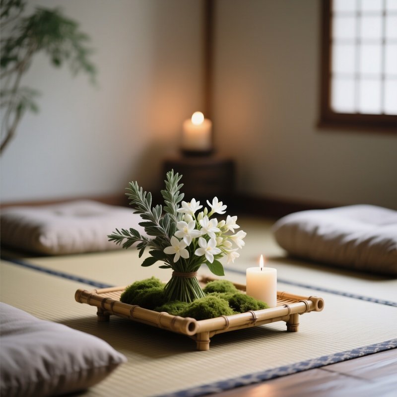 A Tranquil Meditation Room With Floor Cushions, Where A Low Bamboo Tray Holds A Calming Bouquet Of