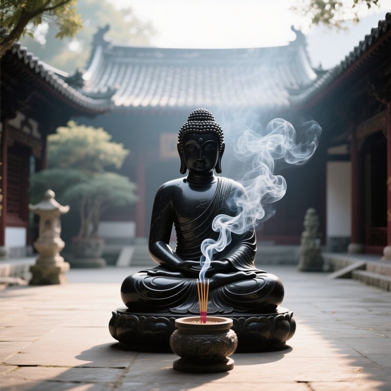 A Tranquil Monastery Courtyard Featuring A Smooth Black Basalt Buddha, Incense Smoke Curling Around