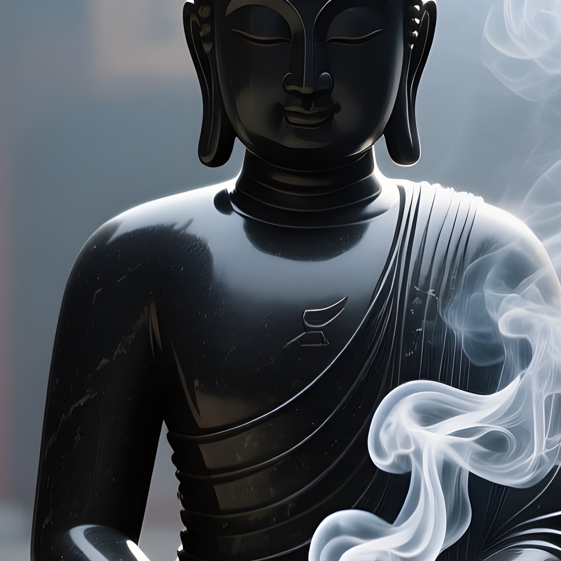 A Tranquil Monastery Courtyard Featuring A Smooth Black Basalt Buddha, Incense Smoke Curling Around - Full Resolution Quality Preview