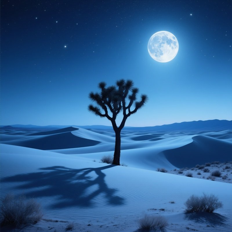A Tranquil Moonlit Desert Landscape In New Mexico, Silver‑Blue Dunes Casting Soft Shadows, Lone