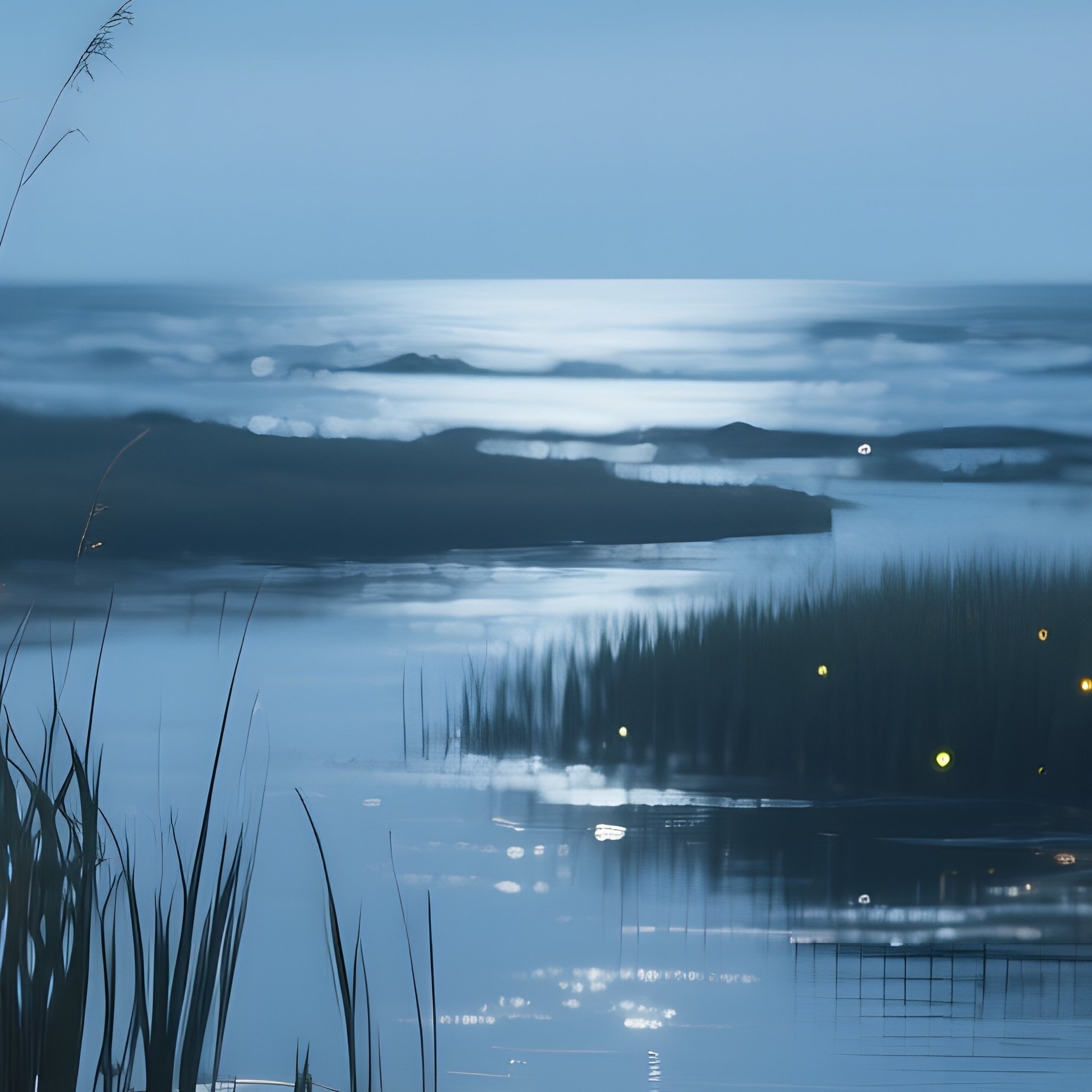 A Tranquil Moonlit Scene Of A Coastal Marshland, Reeds Swaying In Gentle Breeze, Fireflies Blinking - Full Resolution Quality Preview