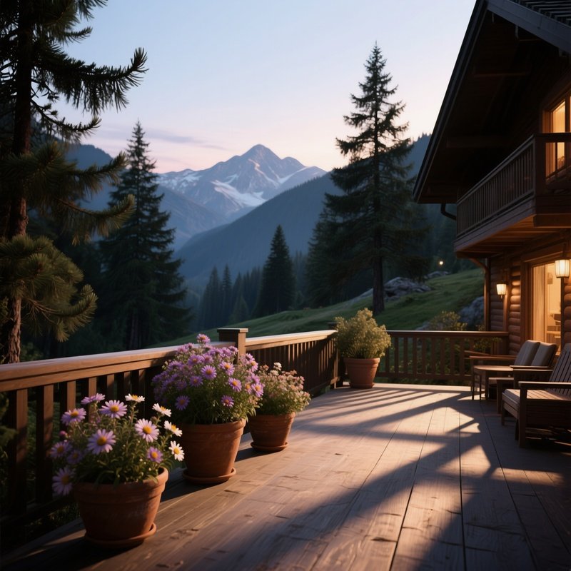 A Tranquil Mountain Lodge Patio With Potted Alpine Asters, Pine Trees Surrounding, Early Evening