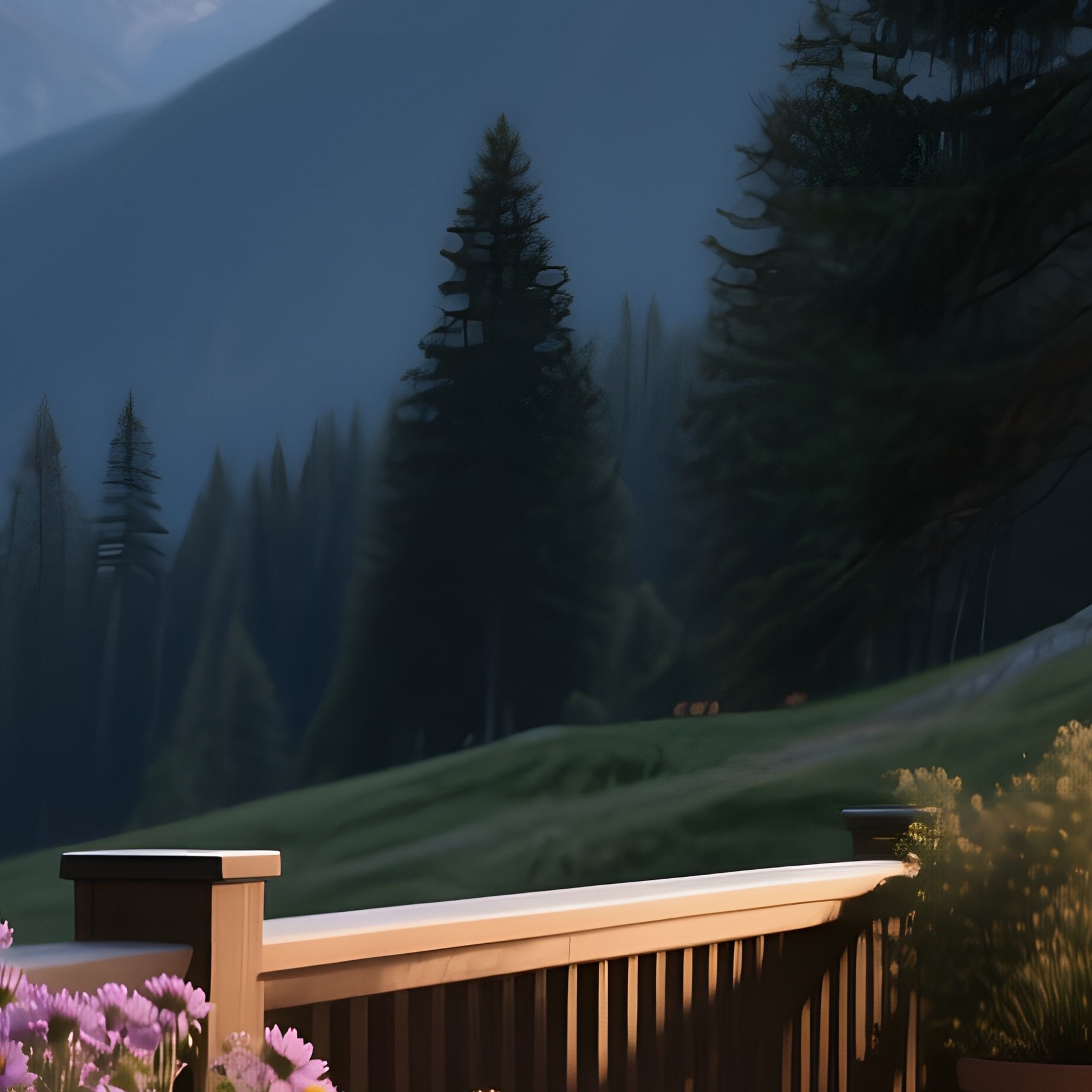 A Tranquil Mountain Lodge Patio With Potted Alpine Asters, Pine Trees Surrounding, Early Evening - Full Resolution Quality Preview