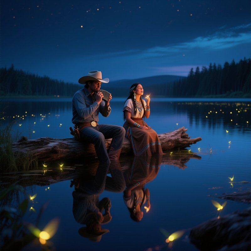 A Tranquil Night By A Lake Illuminated By Fireflies, A Cowboy Sits On A Log Playing Harmonica, A