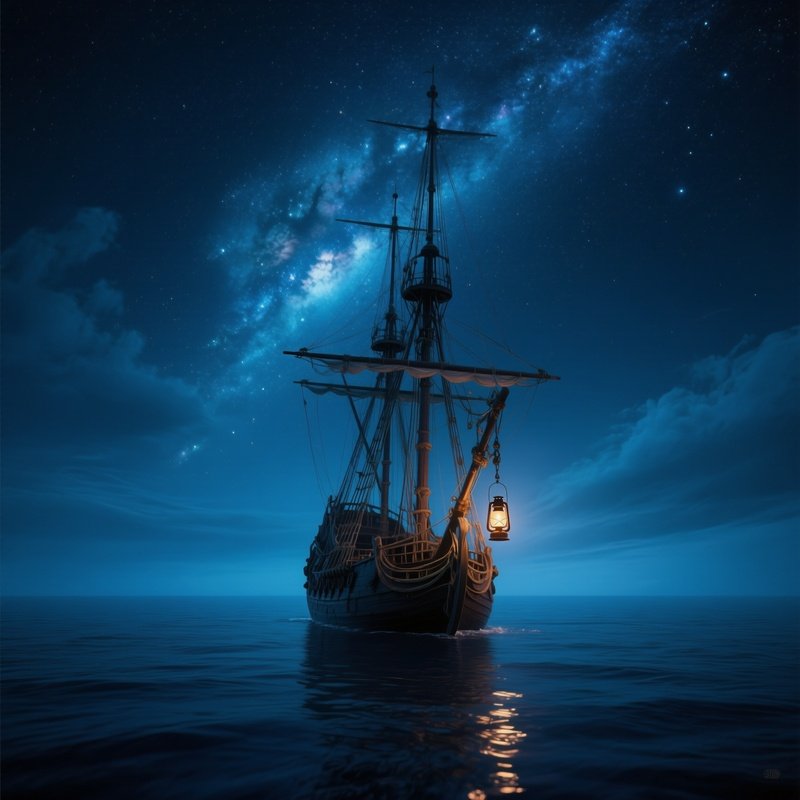 A Tranquil Night On A Calm Sea Where A Lone Pirate Vessel Is Illuminated Only By The Milky Way And