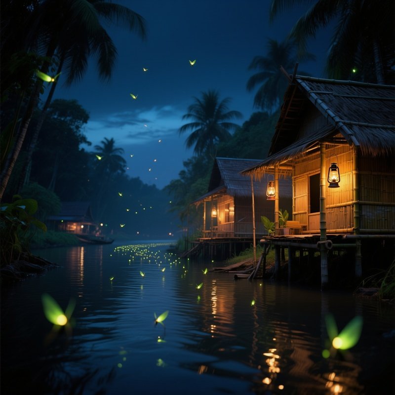 A Tranquil Night On A Thai Riverbank, Bamboo Huts Lit By Oil Lamps, Fireflies Dancing Above Gentle
