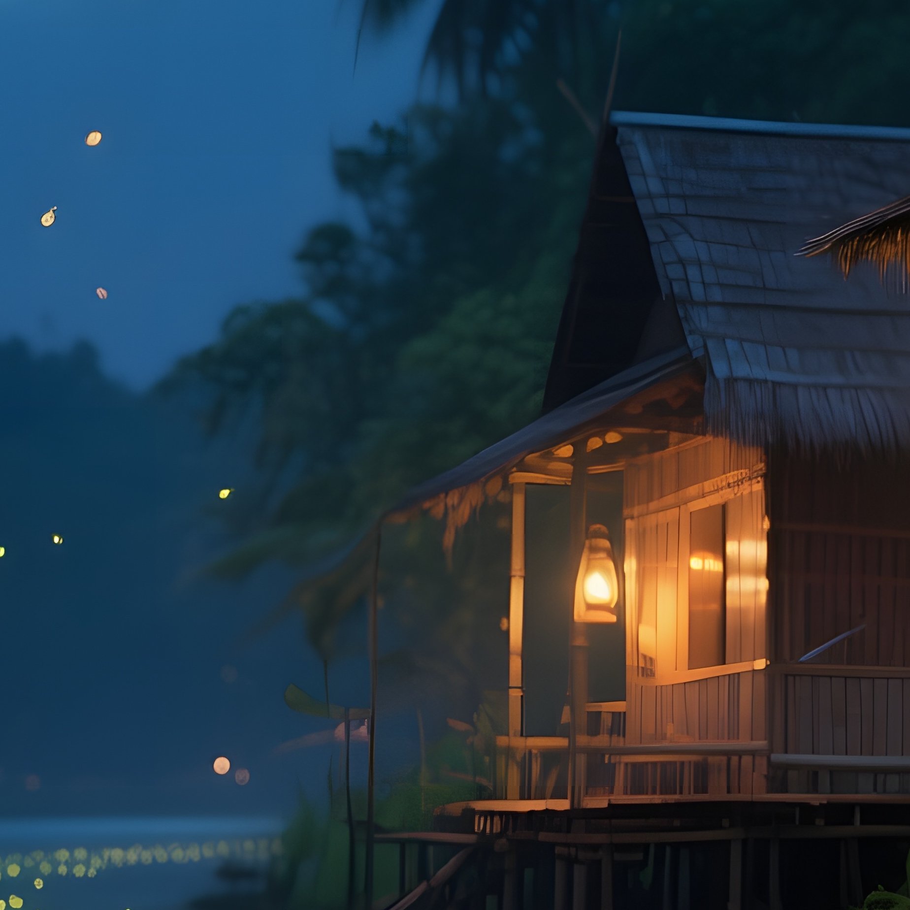 A Tranquil Night On A Thai Riverbank, Bamboo Huts Lit By Oil Lamps, Fireflies Dancing Above Gentle - Full Resolution Quality Preview