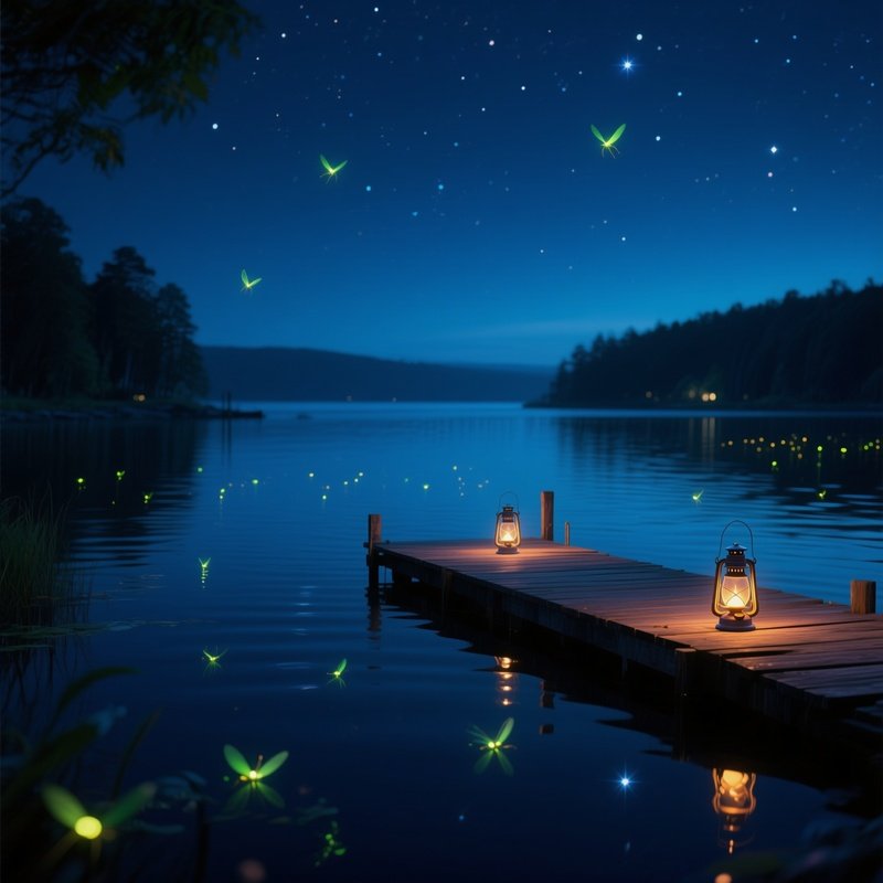 A Tranquil Night Scene On A Quiet Bay, Fireflies Dancing Above Water, A Small Wooden Dock