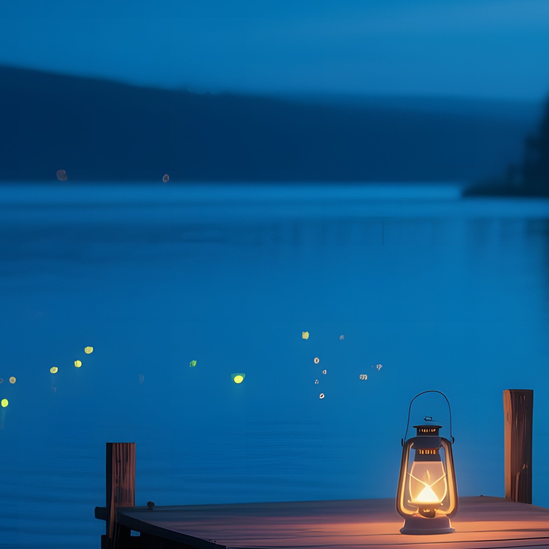 A Tranquil Night Scene On A Quiet Bay, Fireflies Dancing Above Water, A Small Wooden Dock - Full Resolution Quality Preview