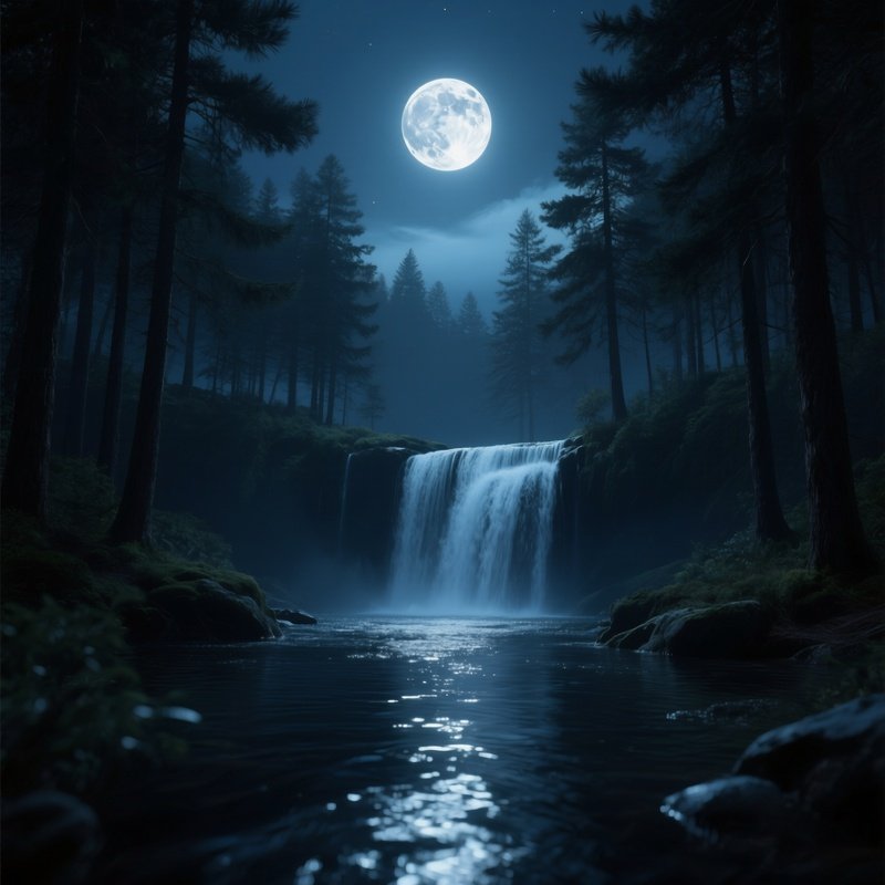 A Tranquil Night With A Full Moon Casting Silver Light Over A Gentle Waterfall In A Pine Forest,