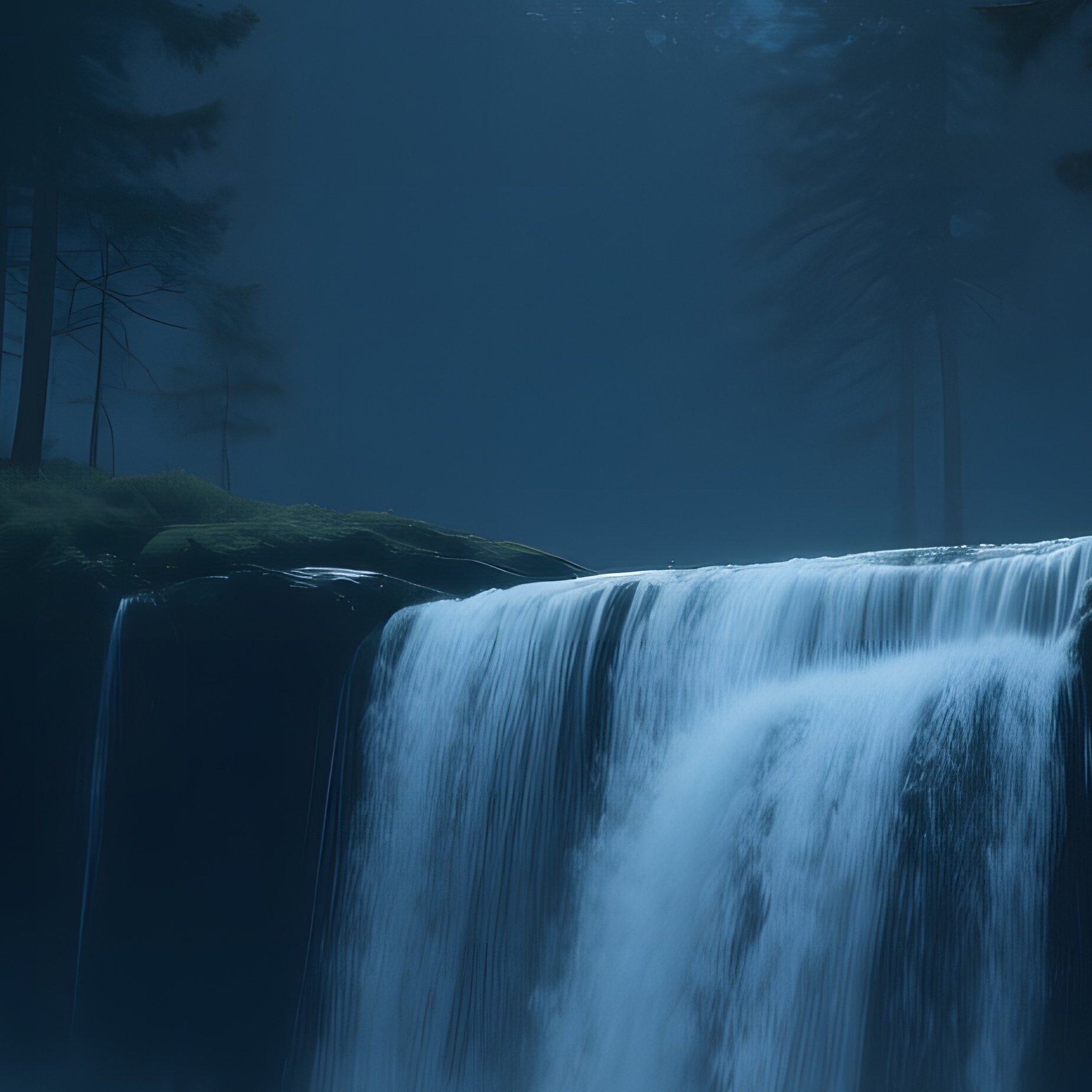 A Tranquil Night With A Full Moon Casting Silver Light Over A Gentle Waterfall In A Pine Forest, - Full Resolution Quality Preview
