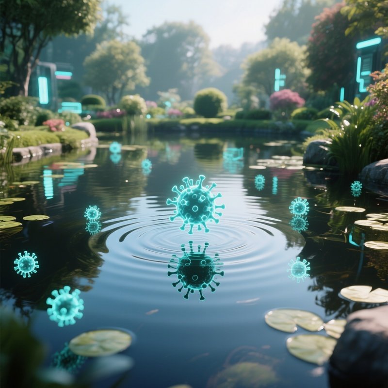 A Tranquil Pond In A Cyber Garden, Water Surface Reflecting Floating Holographic Virus Symbols That