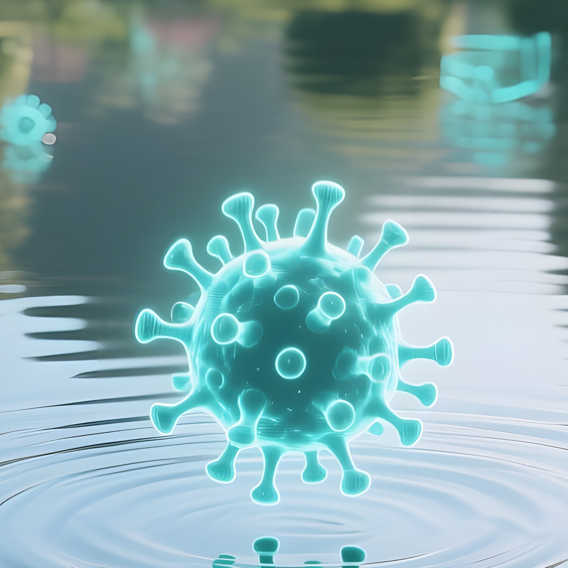 A Tranquil Pond In A Cyber Garden, Water Surface Reflecting Floating Holographic Virus Symbols That - Full Resolution Quality Preview