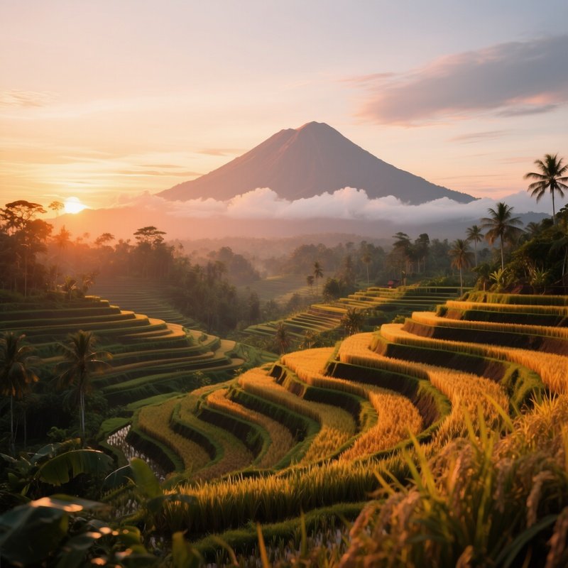 A Tranquil Rice Terrace At Sunset In Bali, Terraced Fields Glowing Amber, Distant Volcanic Peaks