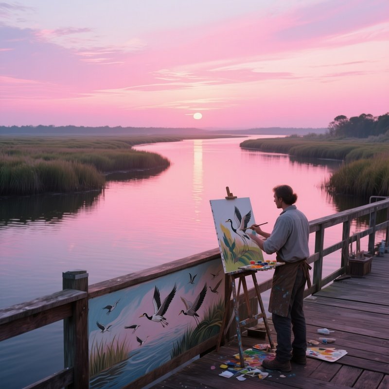 A Tranquil River Delta At Sunset, Water Reflecting Pink Sky While An Artist Paints A Detailed