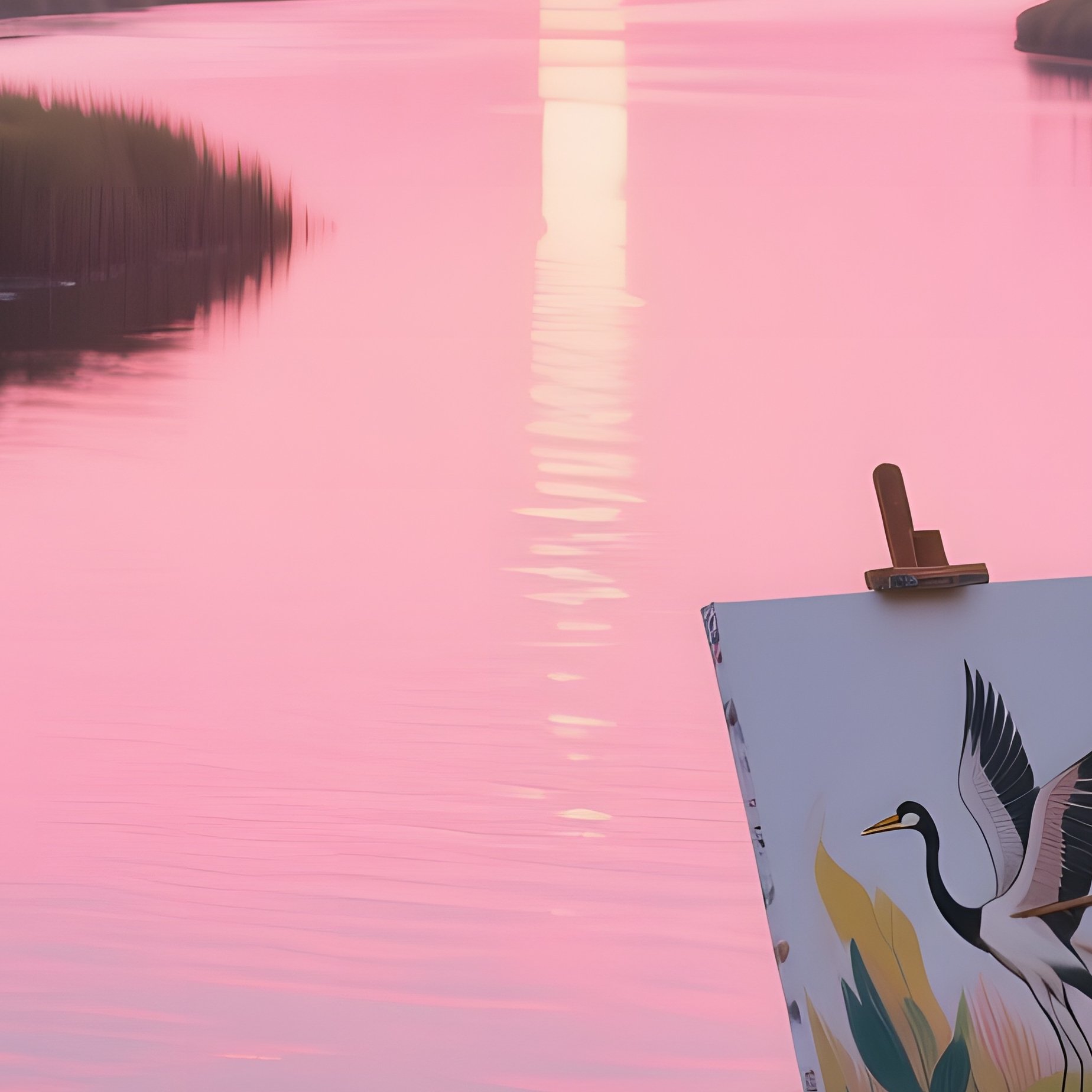 A Tranquil River Delta At Sunset, Water Reflecting Pink Sky While An Artist Paints A Detailed - Full Resolution Quality Preview