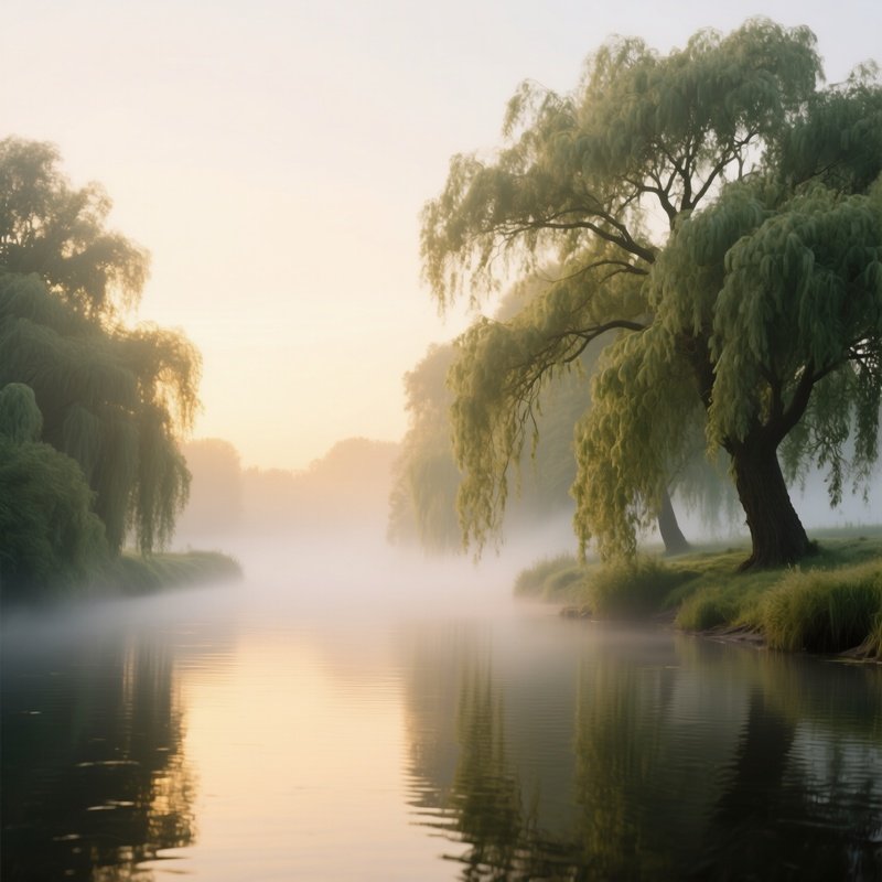 A Tranquil Riverbank At Sunrise, Mist Rising From The Water’S Surface, Willow Trees With Drooping