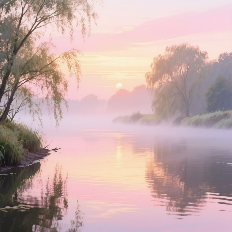 A Tranquil Riverbank At Sunrise Painted In Soft Watercolor Tones, Mist Hovering Over Gentle