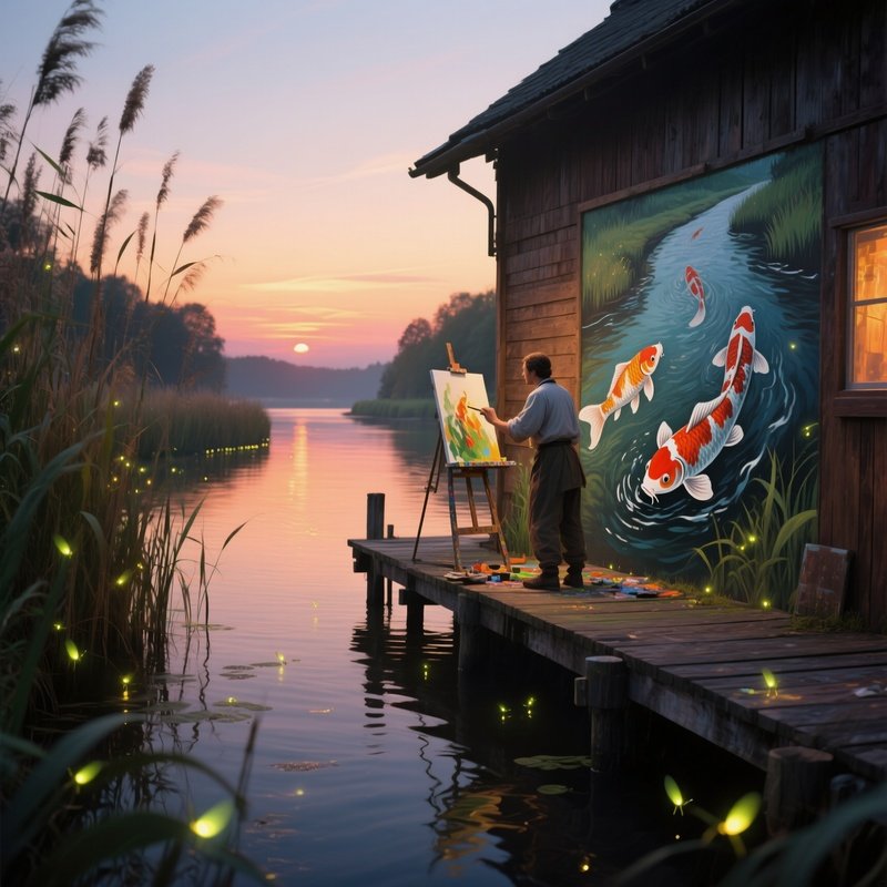 A Tranquil Riverbank At Sunset, Fireflies Lighting Up Reeds While A Painter Renders A