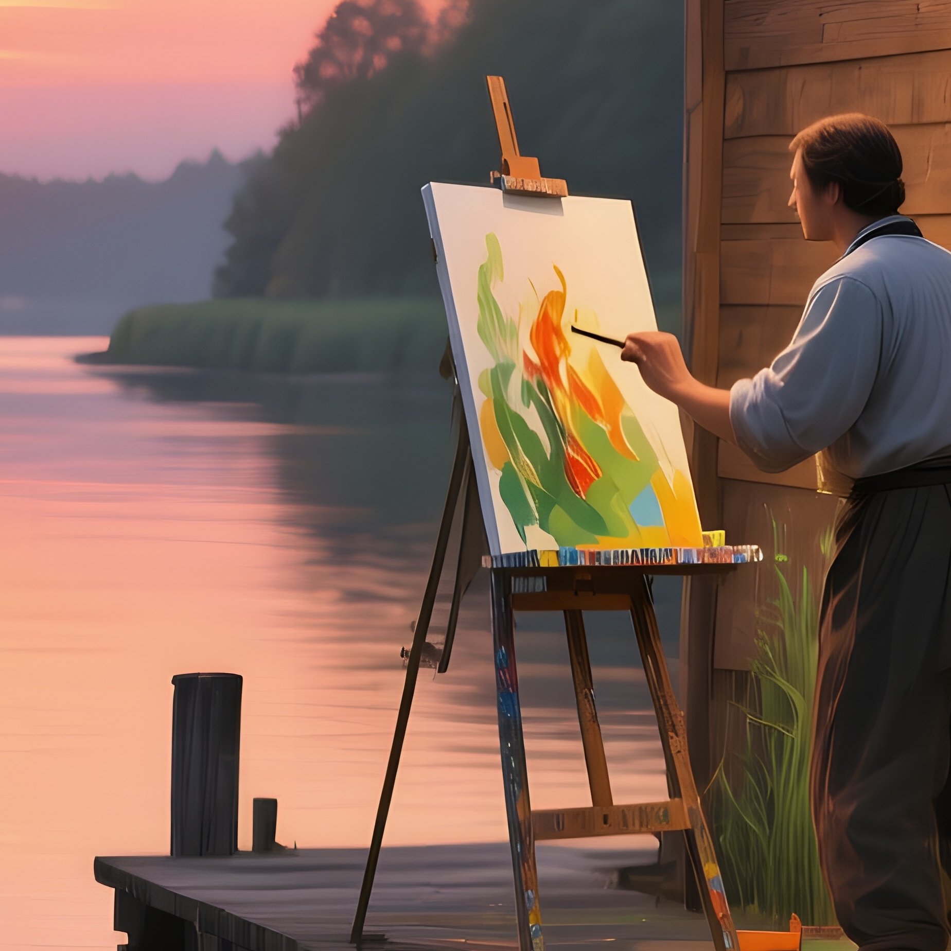 A Tranquil Riverbank At Sunset, Fireflies Lighting Up Reeds While A Painter Renders A - Full Resolution Quality Preview