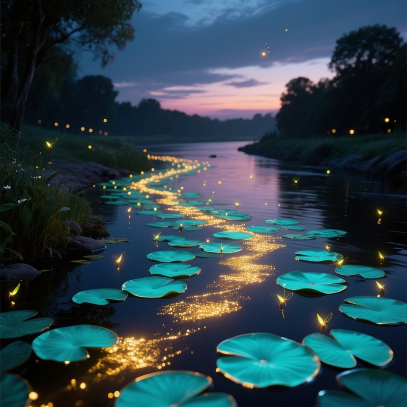 A Tranquil Riverbank At Twilight Where Floating Pop‑Art Water Lilies In Teal And Gold Create A