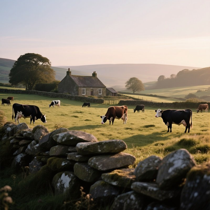 A Tranquil Rural Homestead Of Stacked Fieldstones Surrounded By Grazing Cattle, Soft Evening Light