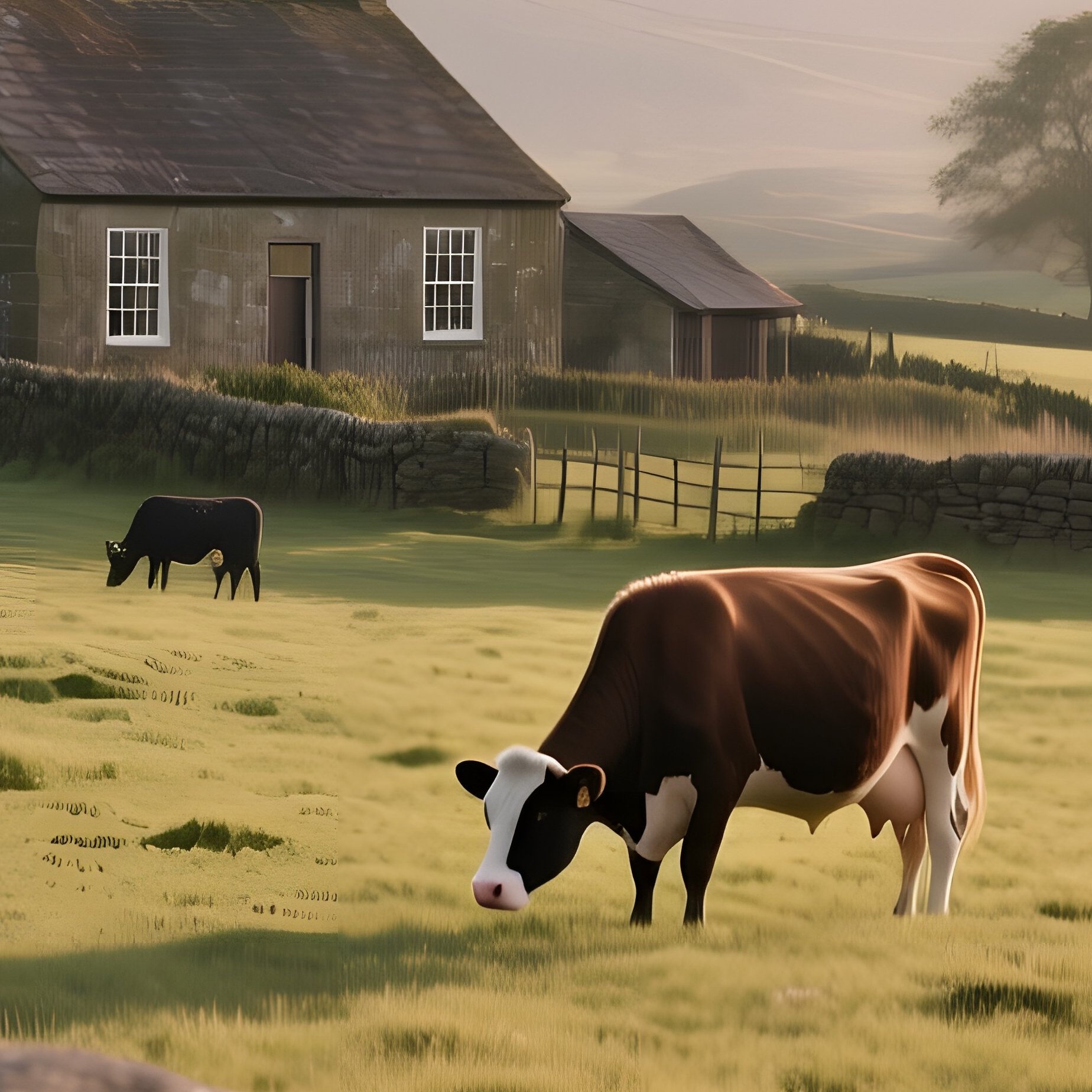 A Tranquil Rural Homestead Of Stacked Fieldstones Surrounded By Grazing Cattle, Soft Evening Light - Full Resolution Quality Preview