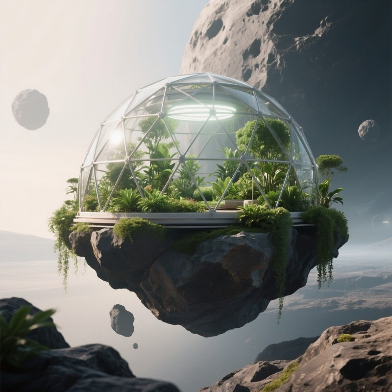 A Tranquil Scene Of A Floating Garden Dome Anchored To An Asteroid, Lush Green Plants Thriving