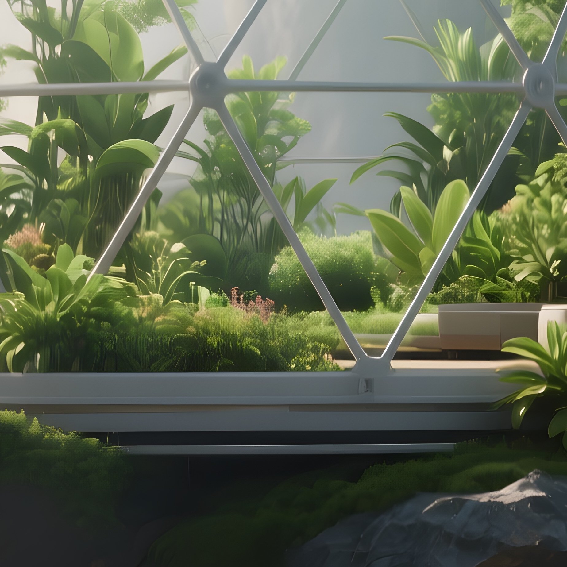 A Tranquil Scene Of A Floating Garden Dome Anchored To An Asteroid, Lush Green Plants Thriving - Full Resolution Quality Preview