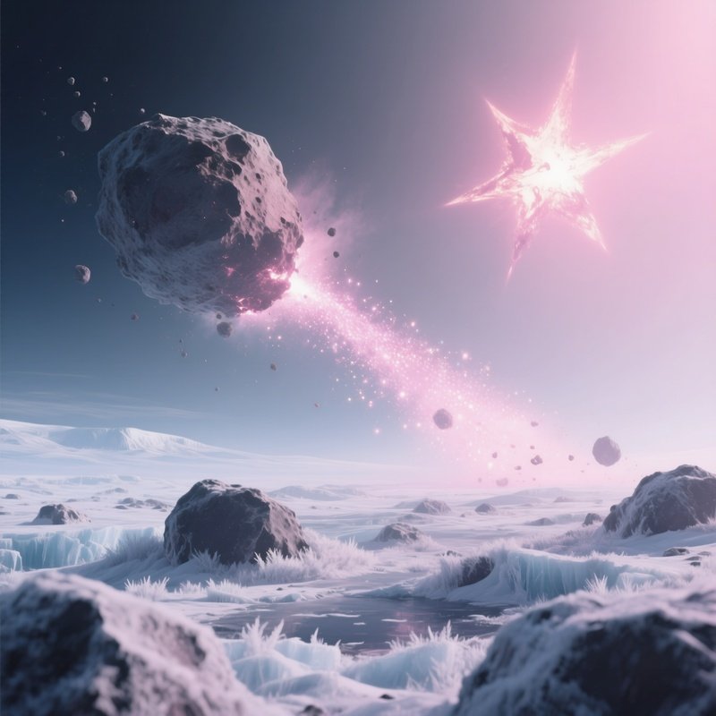 A Tranquil Scene Of An Icy Comet Passing Through An Asteroid Field, Leaving A Sparkling Trail Of