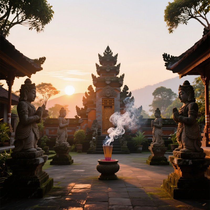 A Tranquil Sunrise Over A Balinese Temple Courtyard, Incense Smoke Curling, Stone Statues Bathed In