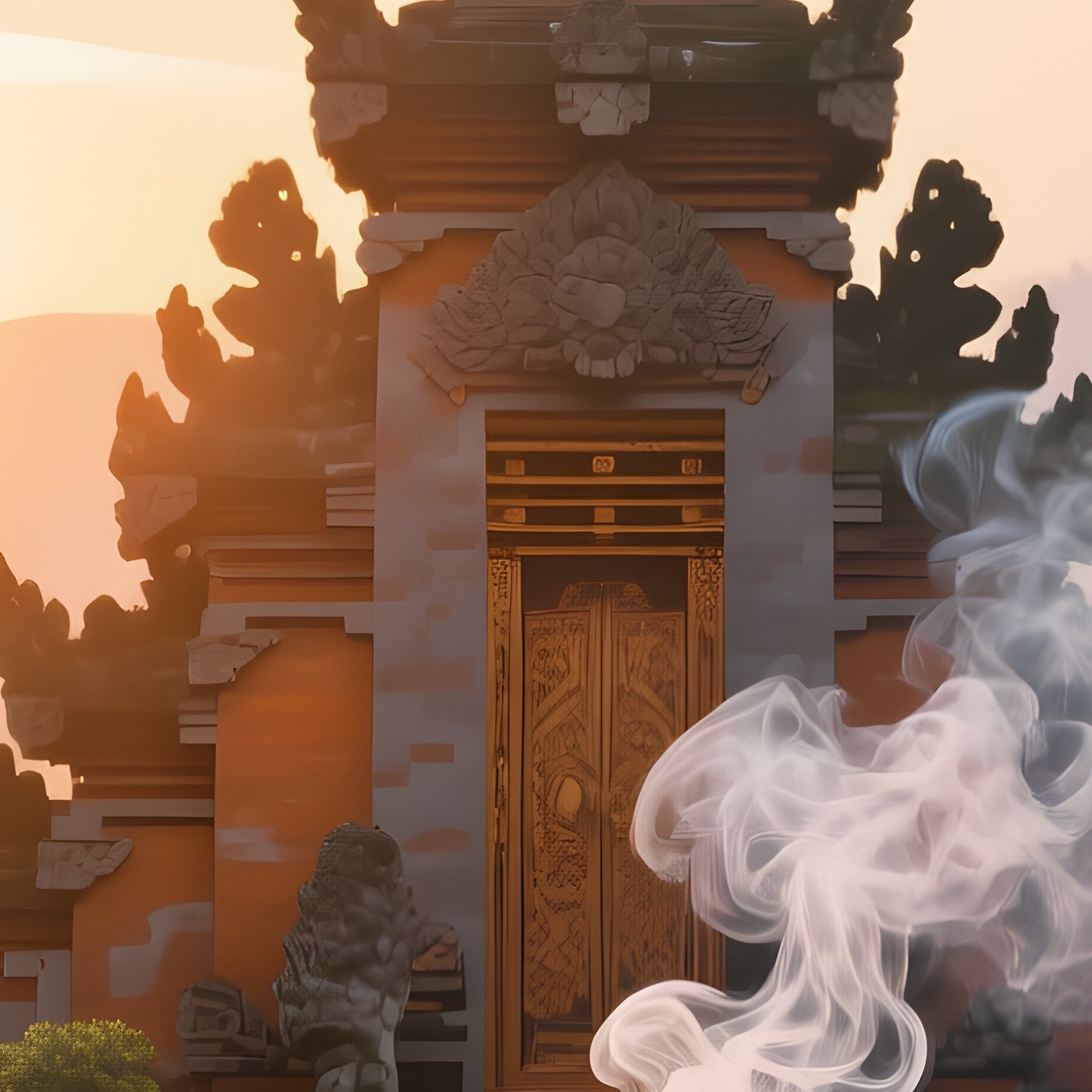 A Tranquil Sunrise Over A Balinese Temple Courtyard, Incense Smoke Curling, Stone Statues Bathed In - Full Resolution Quality Preview