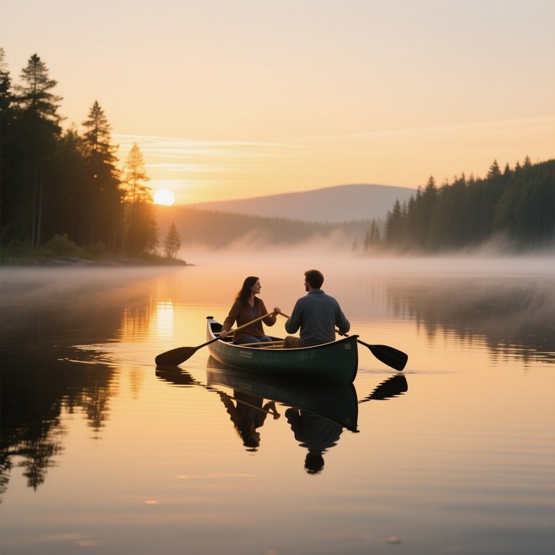 A Tranquil Sunrise Over A Calm Lake In Canada, Mist Rising, A Couple Paddles A Canoe Together,