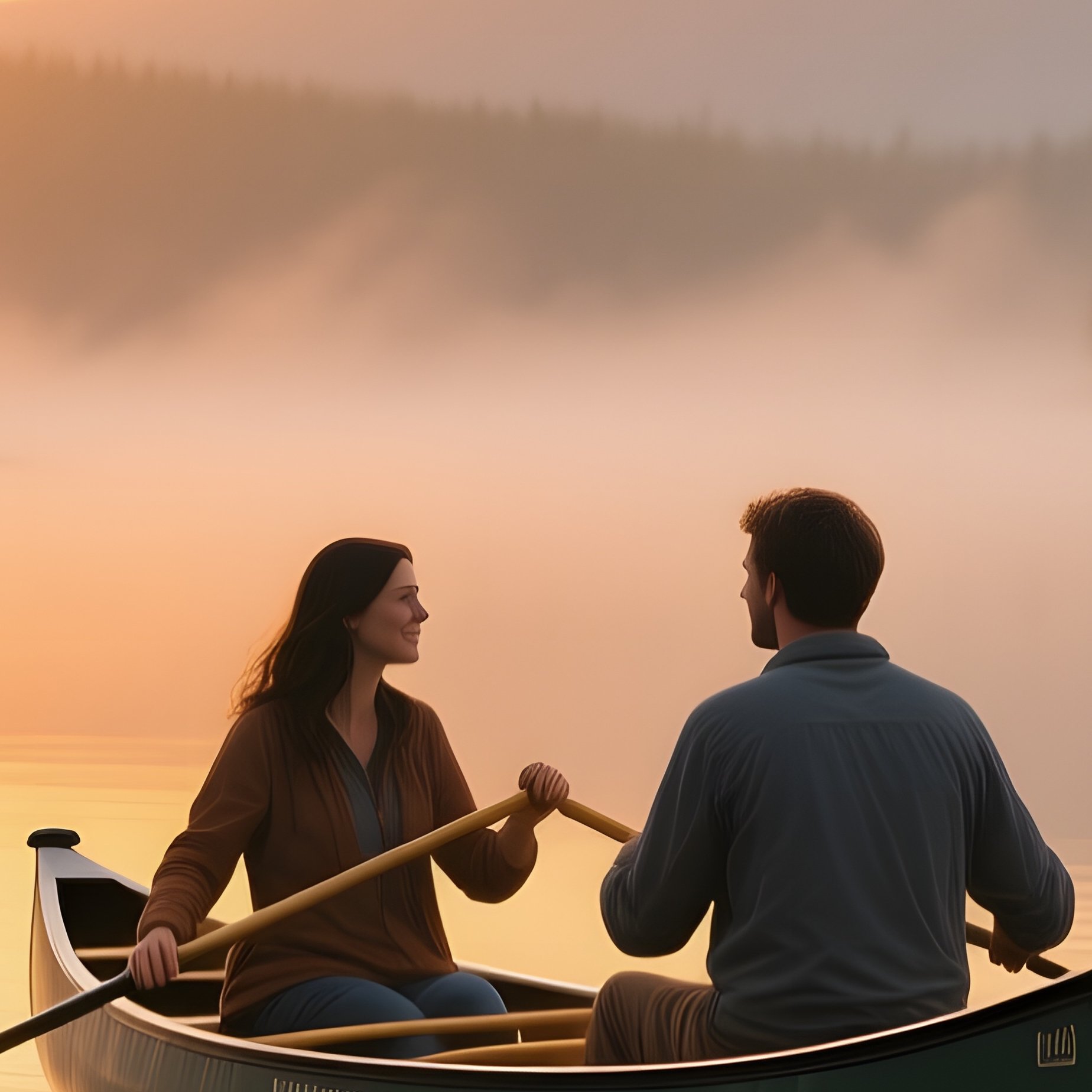A Tranquil Sunrise Over A Calm Lake In Canada, Mist Rising, A Couple Paddles A Canoe Together, - Full Resolution Quality Preview