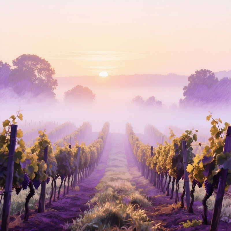 A Tranquil Sunrise Over A Foggy Vineyard, Rows Of Grapevines Disappearing Into Mist, Watercolor