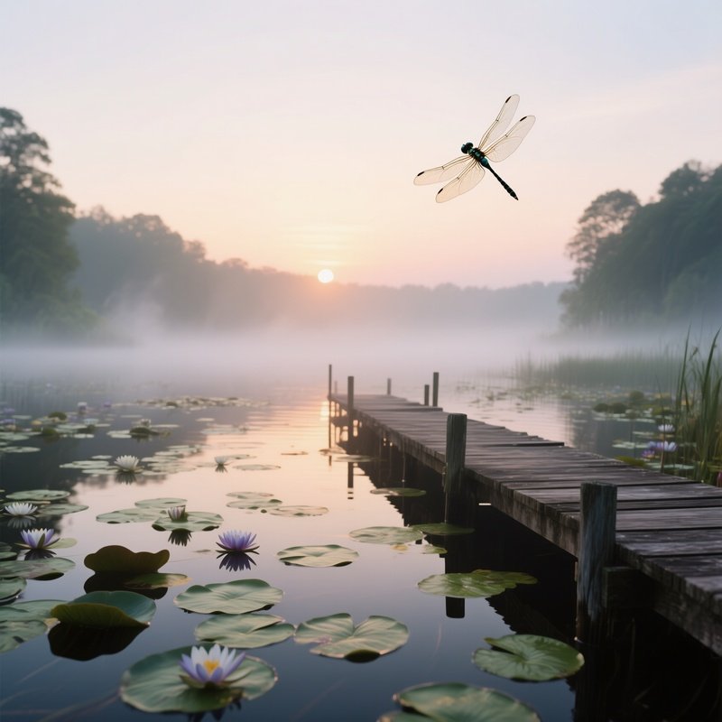 A Tranquil Sunrise Over A Lagoon Dotted With Lily Pads, A Wooden Pier Extending Into Misty Water,