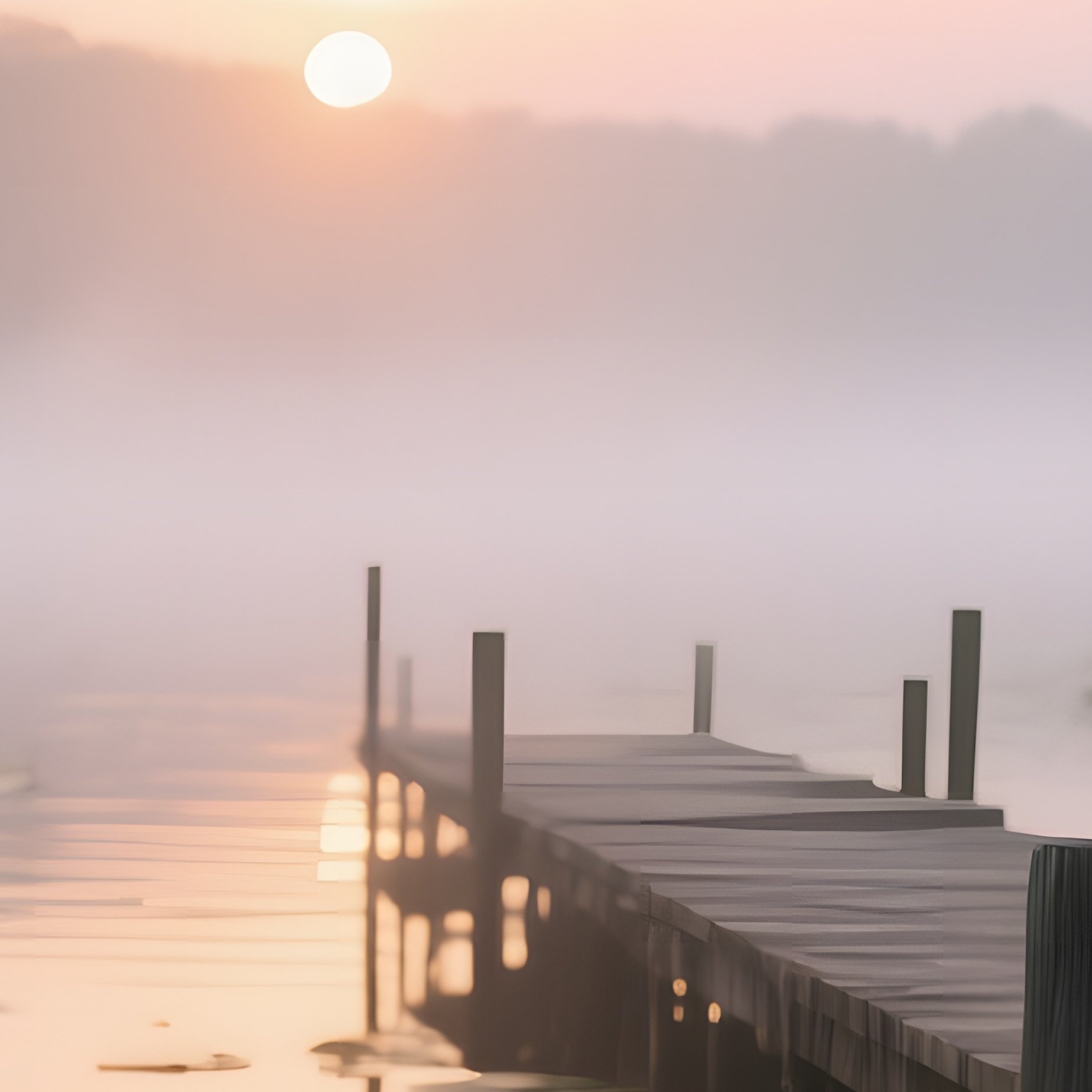 A Tranquil Sunrise Over A Lagoon Dotted With Lily Pads, A Wooden Pier Extending Into Misty Water, - Full Resolution Quality Preview