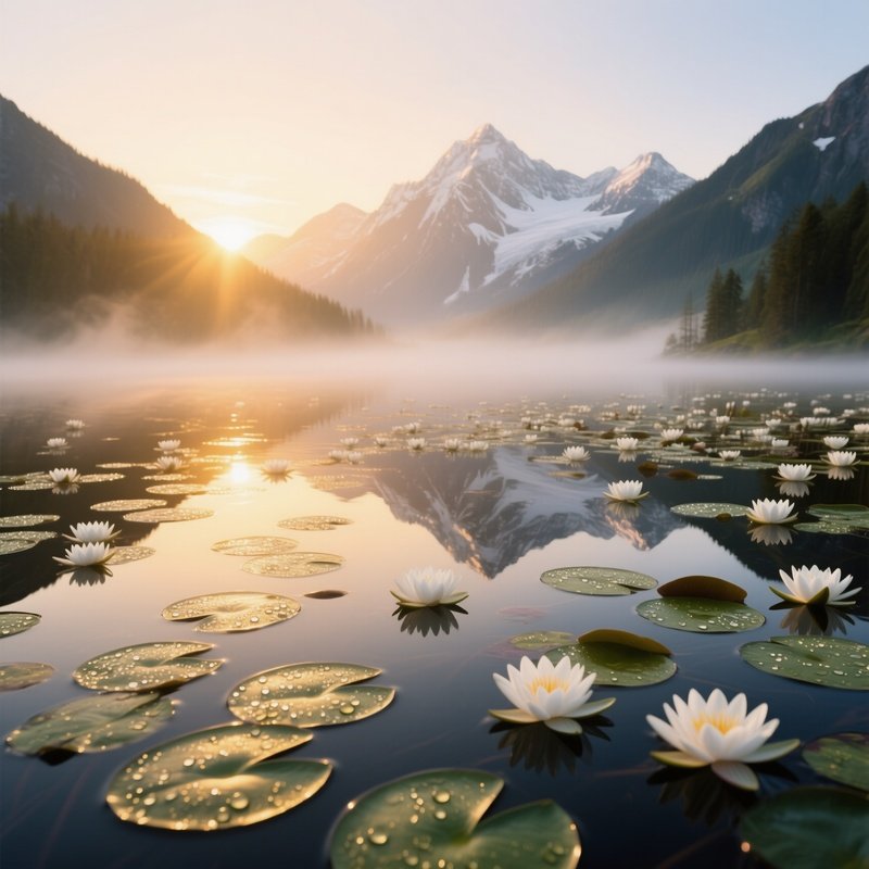 A Tranquil Sunrise Over A Misty Alpine Lake, Golden Light Catching Dew On Countless White Water