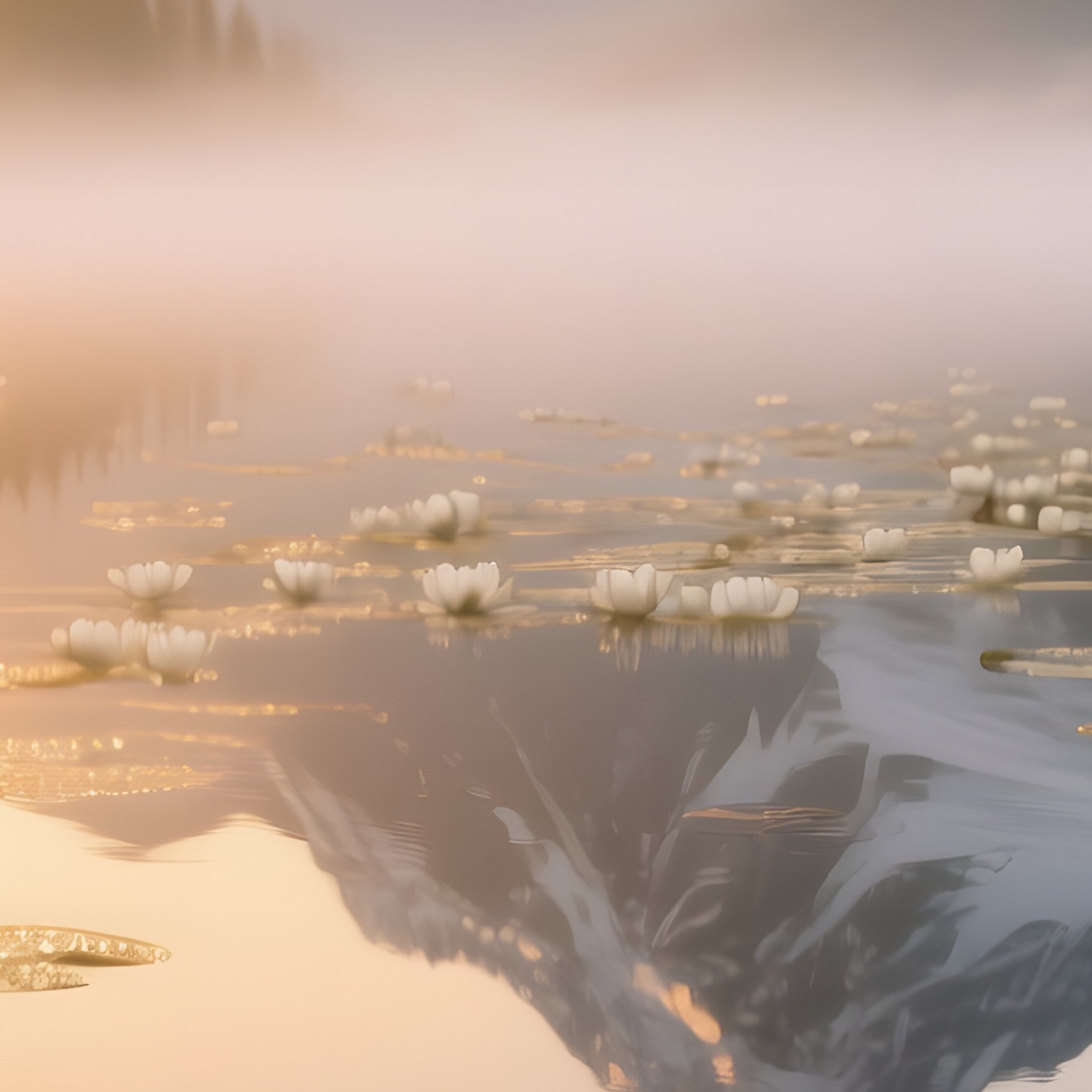 A Tranquil Sunrise Over A Misty Alpine Lake, Golden Light Catching Dew On Countless White Water - Full Resolution Quality Preview