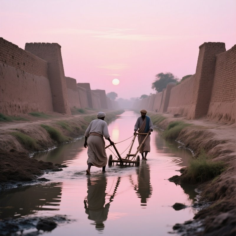 A Tranquil Sunrise Over An Ancient Irrigation Canal Lined With Mudbrick Walls, Water Reflecting