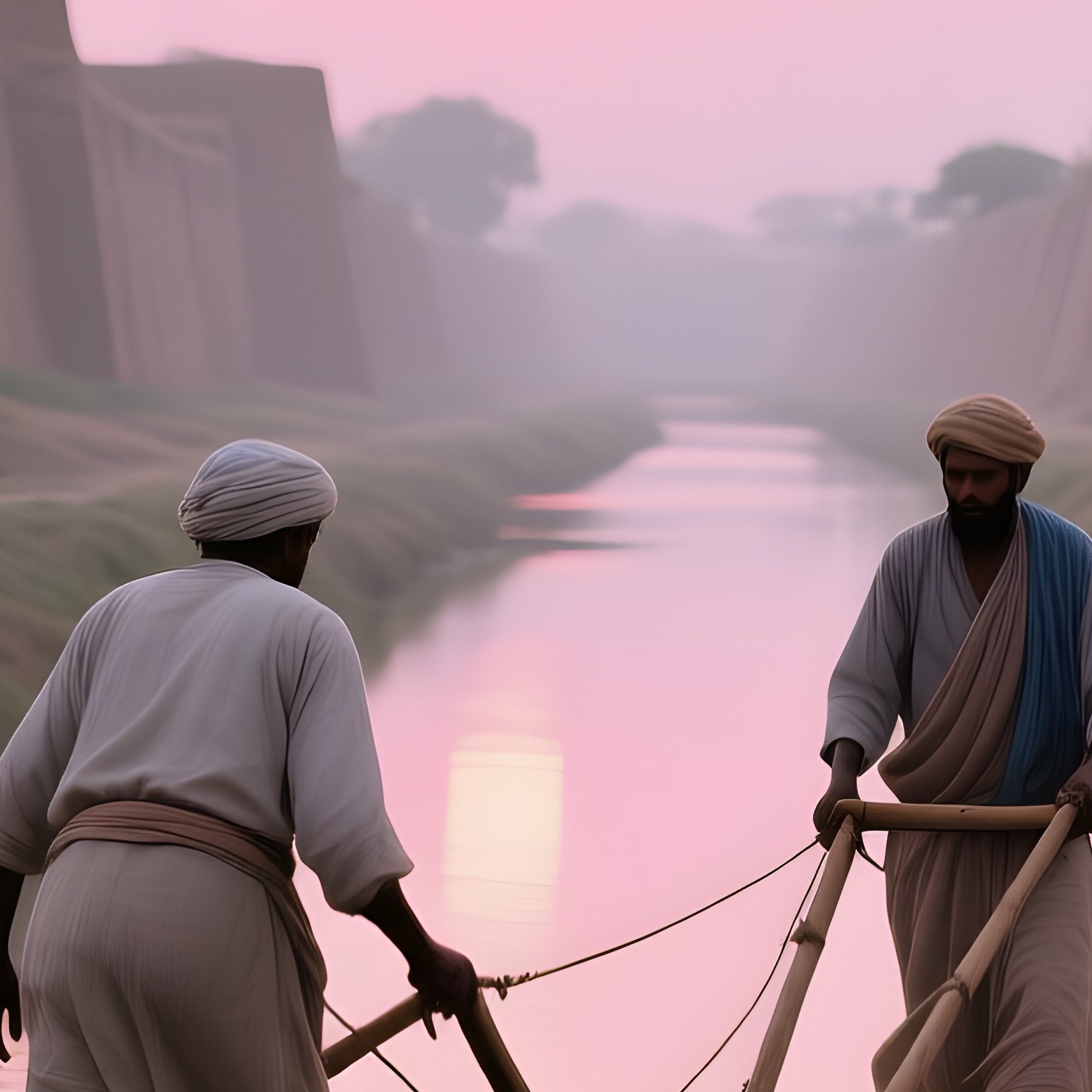 A Tranquil Sunrise Over An Ancient Irrigation Canal Lined With Mudbrick Walls, Water Reflecting - Full Resolution Quality Preview