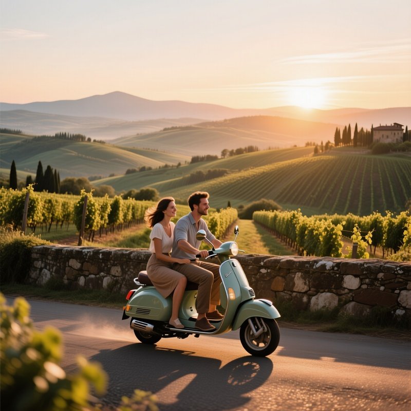 A Tranquil Sunrise Over Rolling Tuscan Hills, Vineyards Stretching, A Couple Rides A Vintage