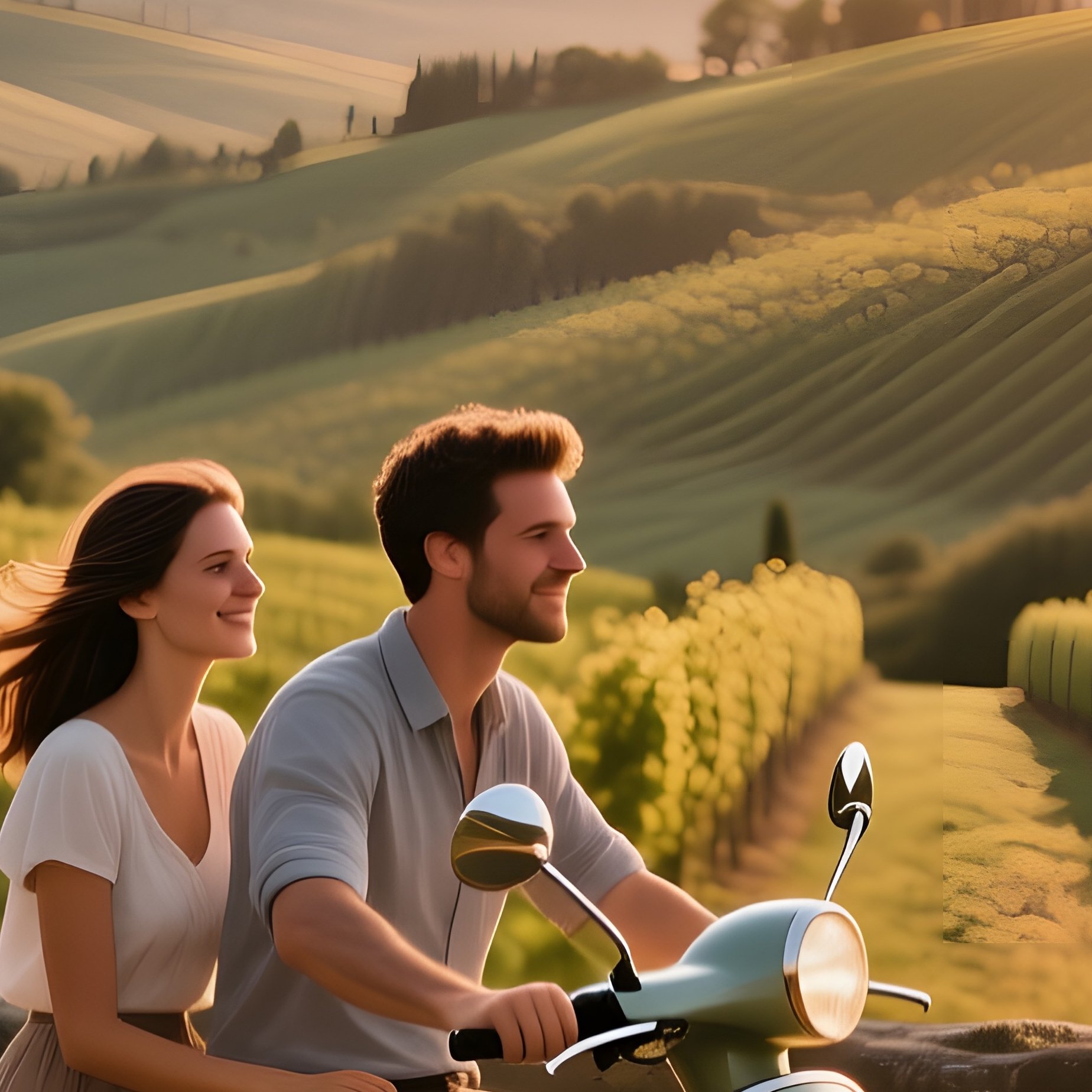 A Tranquil Sunrise Over Rolling Tuscan Hills, Vineyards Stretching, A Couple Rides A Vintage - Full Resolution Quality Preview