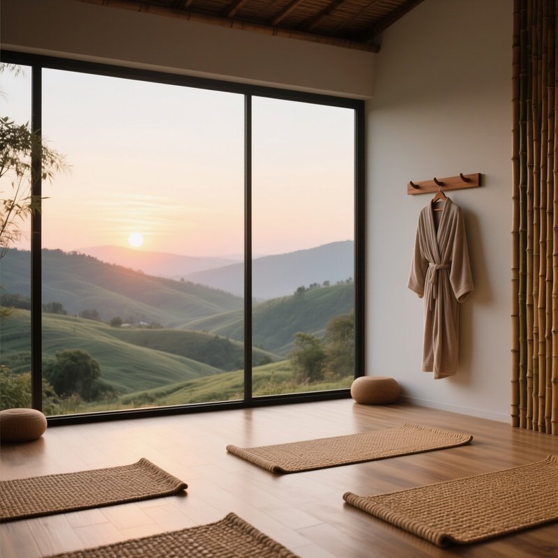 A Tranquil Sunrise Yoga Studio With Floor‑To‑Ceiling Windows Overlooking Rolling Hills, Bamboo