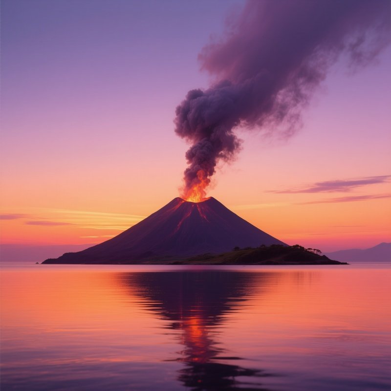 A Tranquil Sunset Over A Glassy Sea Near A Volcanic Island, Faint Plume Of Smoke Rising From